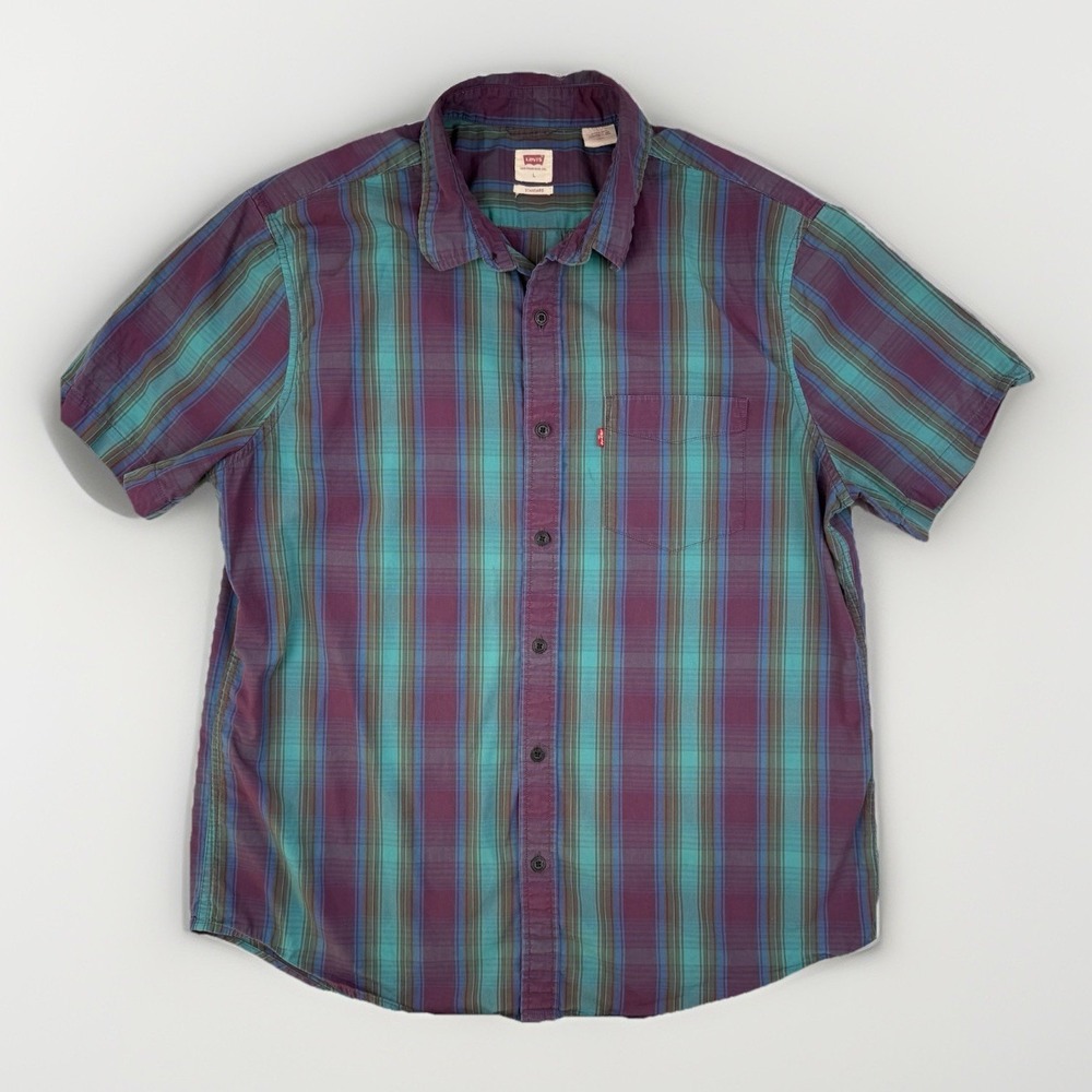 Casual Plaid Button Up Shirt Teal Purple Short Sleeve Cotton Large Preppy Levi's